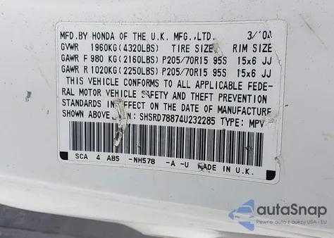 2004 Honda Cr-V Ex z USA, uszkodzony, nr VIN SHSRD78874U232285